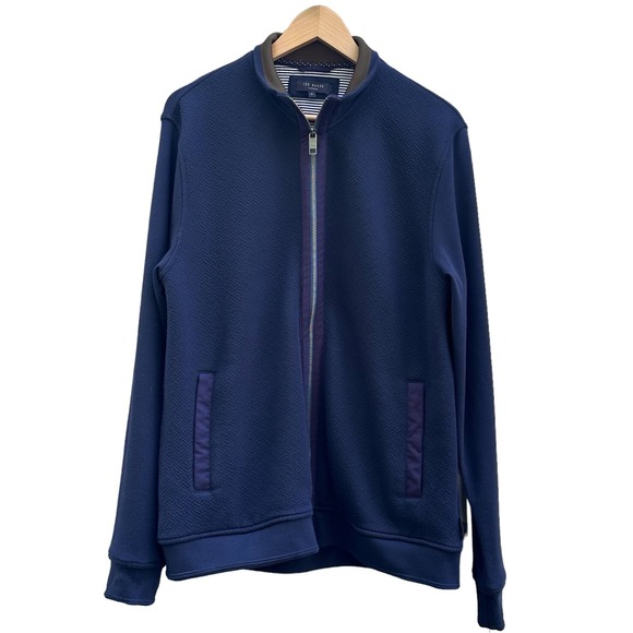 Ted‎ Baker Jacket Mens Large 4 Navy Blue Textured Pockets Full Zip Sweatshirt - Picture 1 of 9